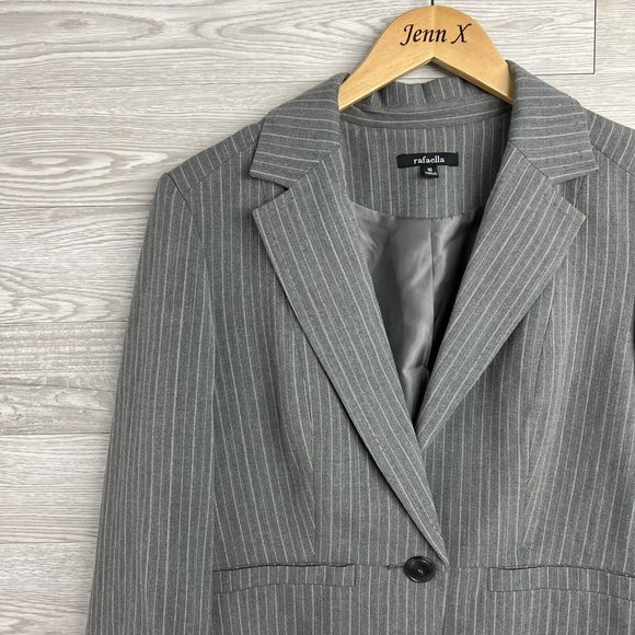 Rafaella Blazer Jacket Women Size 10 Gray Stripe Pockets Long Sleeve Career - Picture 2 of 7